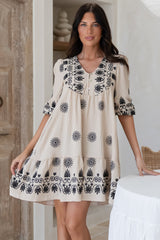 Patty Mini Dress - V-Neck Embroidered Babydoll Dress with 3/4 Sleeves in Solsana Print in Black