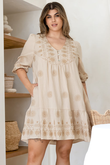 Patty Mini Dress - V-Neck Embroidered Babydoll Dress with 3/4 Sleeves in Solsana Print Beige