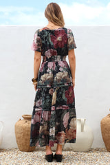 Payton Maxi Dress - Pleat Detailed A-Line Dress with Cap Flutter Sleeves in Annalisa Print