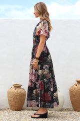 Payton Maxi Dress - Pleat Detailed A-Line Dress with Cap Flutter Sleeves in Annalisa Print
