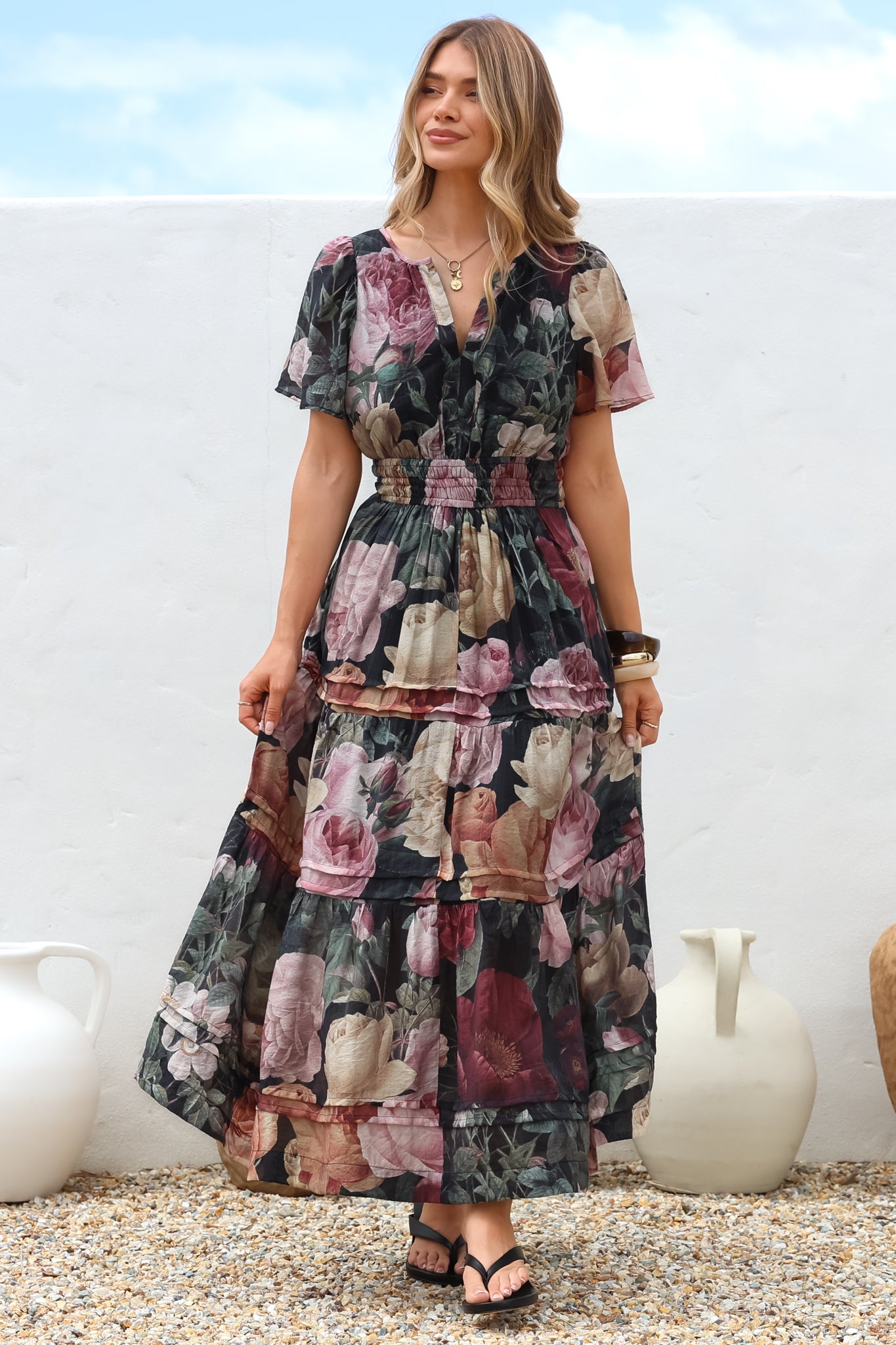 Payton Maxi Dress Pleat Detailed Line Dress Cap Flutter Sleeves Annalisa Print