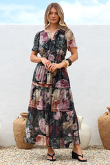 Payton Maxi Dress - Pleat Detailed A-Line Dress with Cap Flutter Sleeves in Annalisa Print