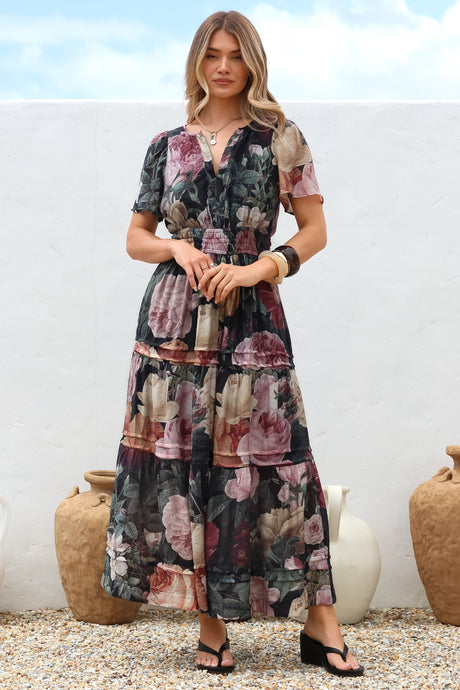 Payton Maxi Dress - Pleat Detailed A-Line Dress with Cap Flutter Sleeves in Annalisa Print