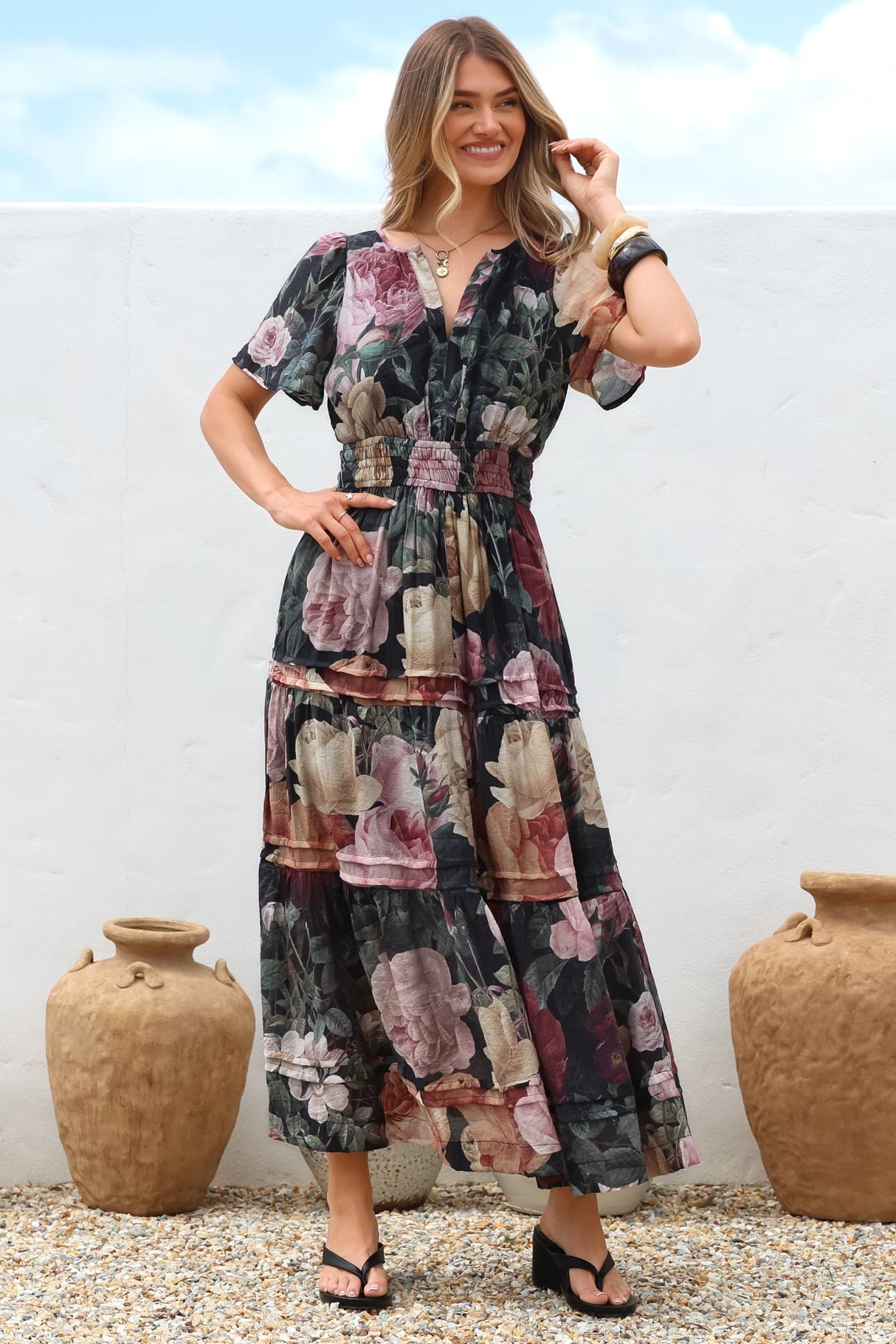Payton Maxi Dress - Pleat Detailed A-Line Dress with Cap Flutter Sleeves in Annalisa Print