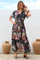 Payton Maxi Dress - Pleat Detailed A-Line Dress with Cap Flutter Sleeves in Annalisa Print