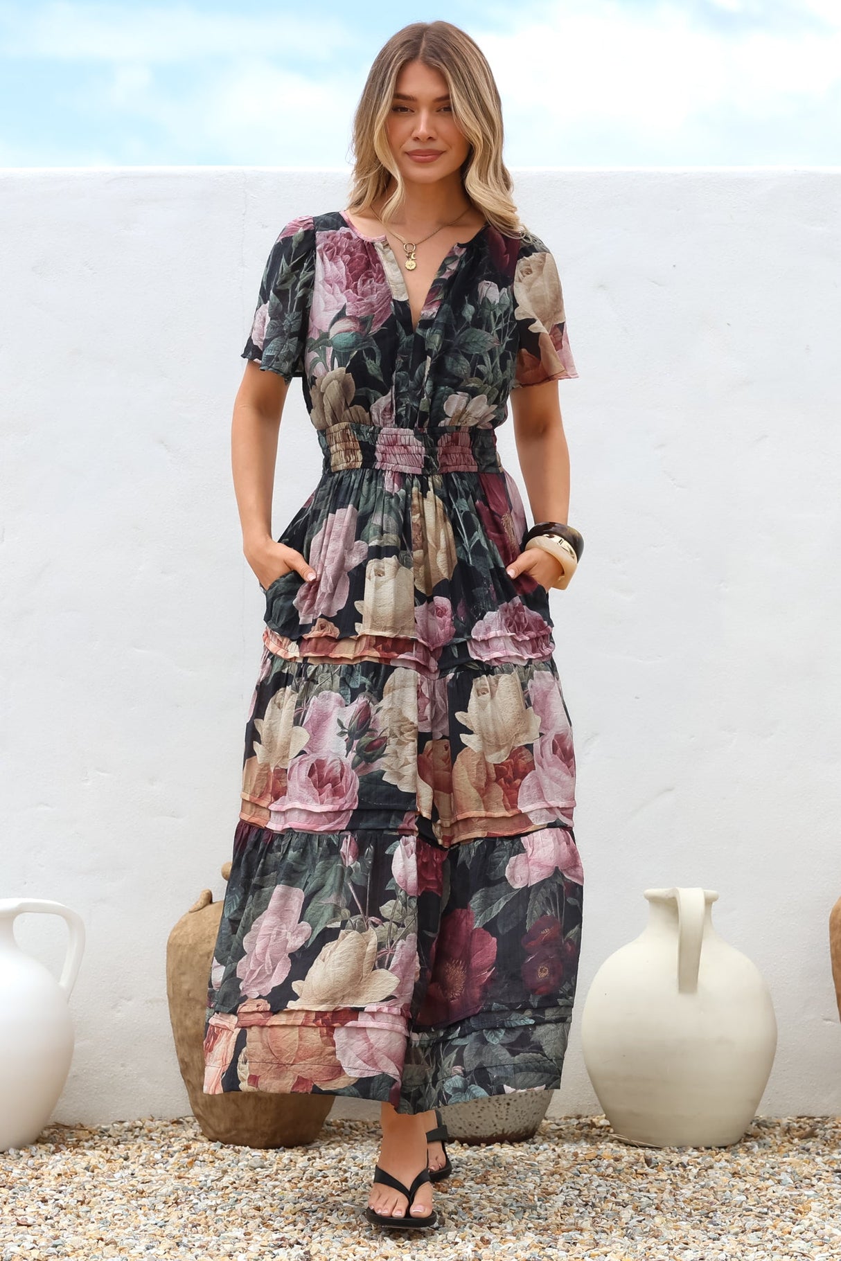 Payton Maxi Dress - Pleat Detailed A-Line Dress with Cap Flutter Sleeves in Annalisa Print