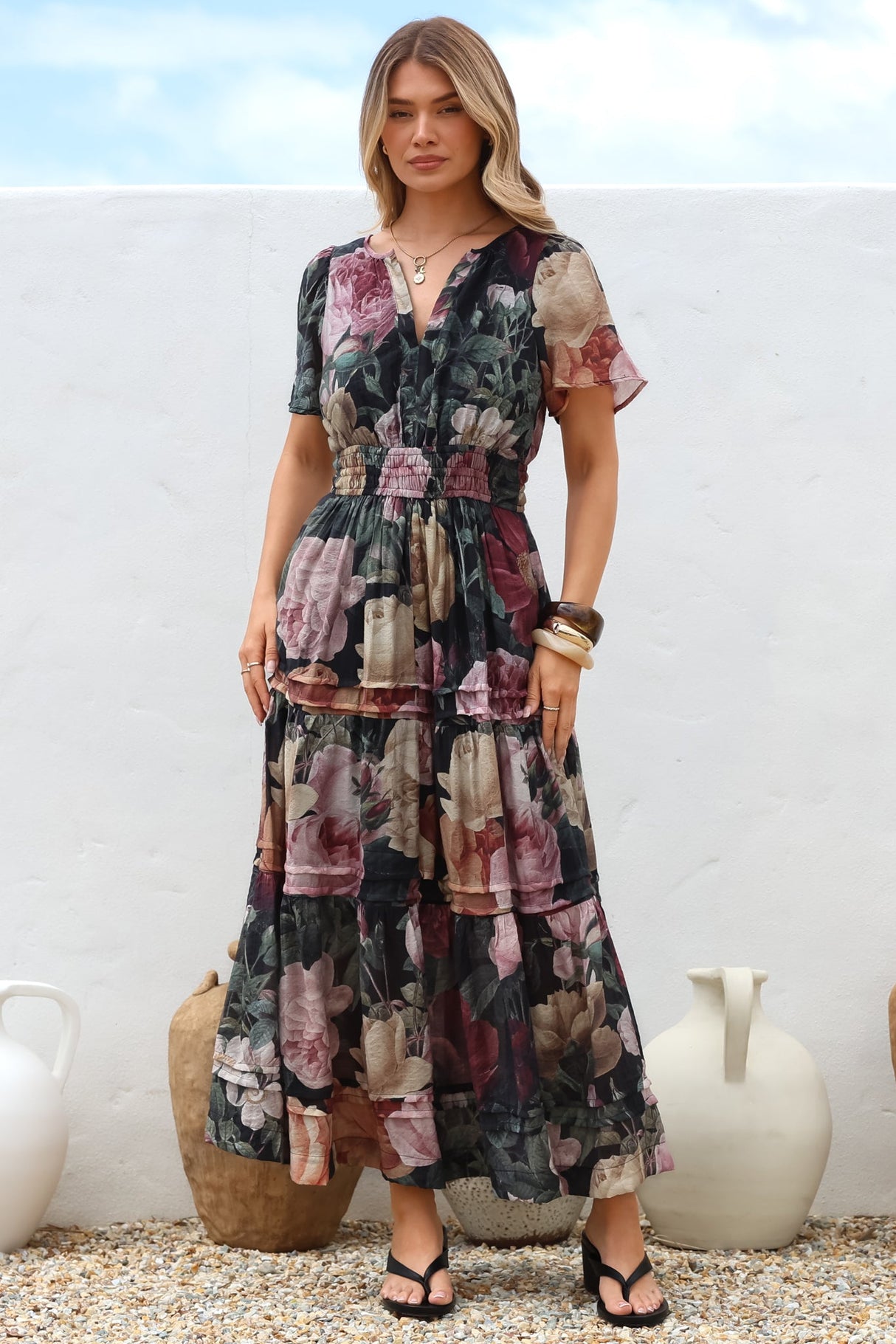 Payton Maxi Dress - Pleat Detailed A-Line Dress with Cap Flutter Sleeves in Annalisa Print