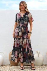 Payton Maxi Dress - Pleat Detailed A-Line Dress with Cap Flutter Sleeves in Annalisa Print