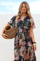 Payton Maxi Dress - Pleat Detailed A-Line Dress with Cap Flutter Sleeves in Annalisa Print