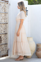 Payton Maxi Dress - Pleat Detailed A-Line Dress with Cap Flutter Sleeves in Beige