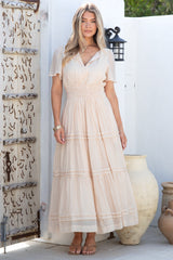 Payton Maxi Dress - Pleat Detailed A-Line Dress with Cap Flutter Sleeves in Beige