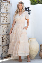 Payton Maxi Dress - Pleat Detailed A-Line Dress with Cap Flutter Sleeves in Beige