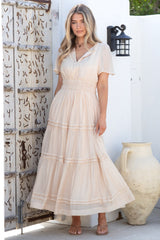 Payton Maxi Dress - Pleat Detailed A-Line Dress with Cap Flutter Sleeves in Beige
