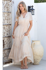 Payton Maxi Dress - Pleat Detailed A-Line Dress with Cap Flutter Sleeves in Beige