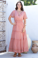Payton Maxi Dress - Pleat Detailed A-Line Dress with Cap Flutter Sleeves in Blush