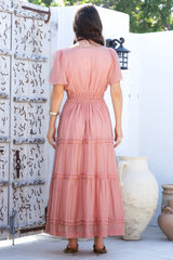 Payton Maxi Dress - Pleat Detailed A-Line Dress with Cap Flutter Sleeves in Blush