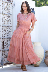 Payton Maxi Dress - Pleat Detailed A-Line Dress with Cap Flutter Sleeves in Blush