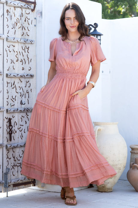 Payton Maxi Dress - Pleat Detailed A-Line Dress with Cap Flutter Sleeves in Blush