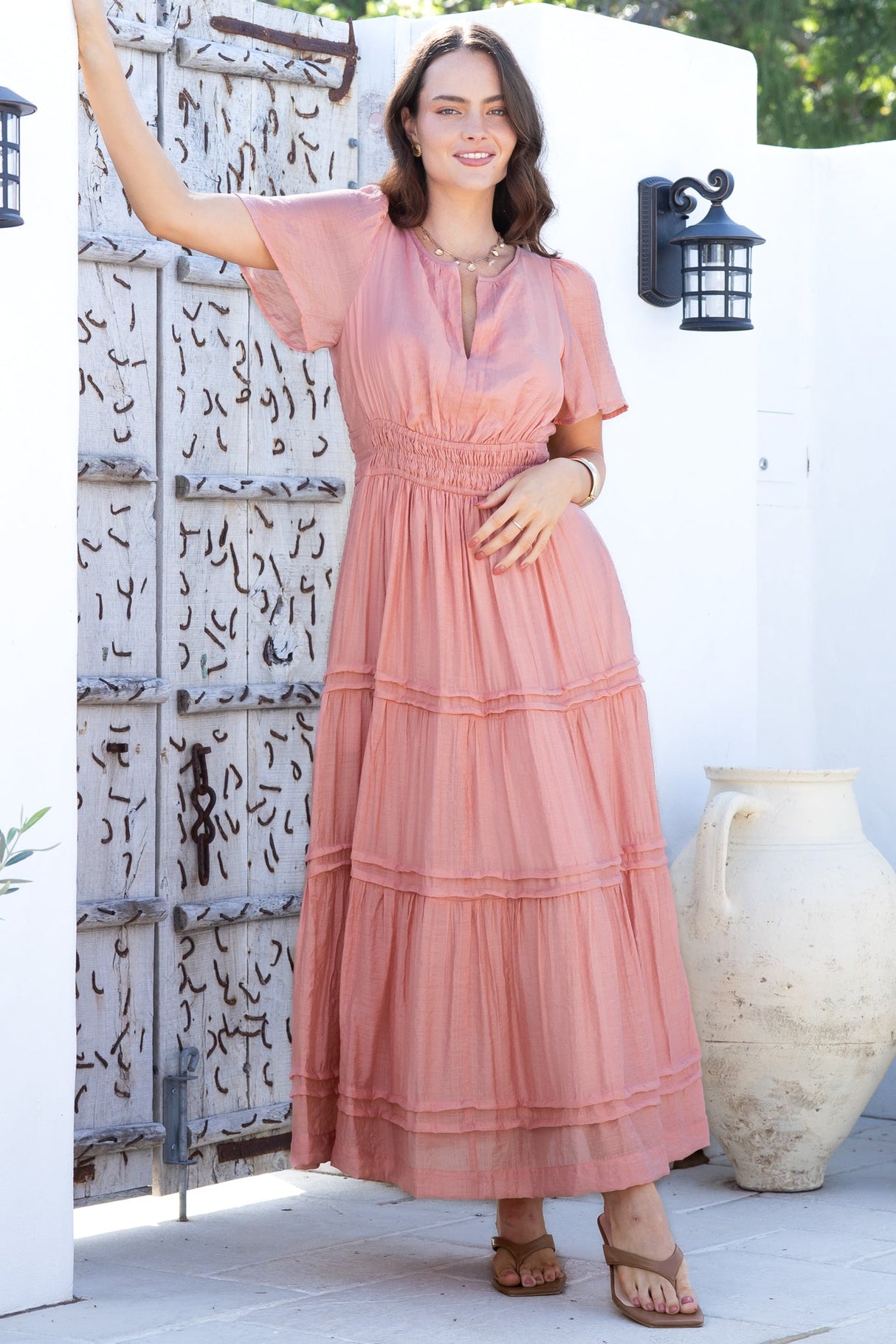Payton Maxi Dress - Pleat Detailed A-Line Dress with Cap Flutter Sleeves in Blush