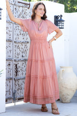 Payton Maxi Dress - Pleat Detailed A-Line Dress with Cap Flutter Sleeves in Blush