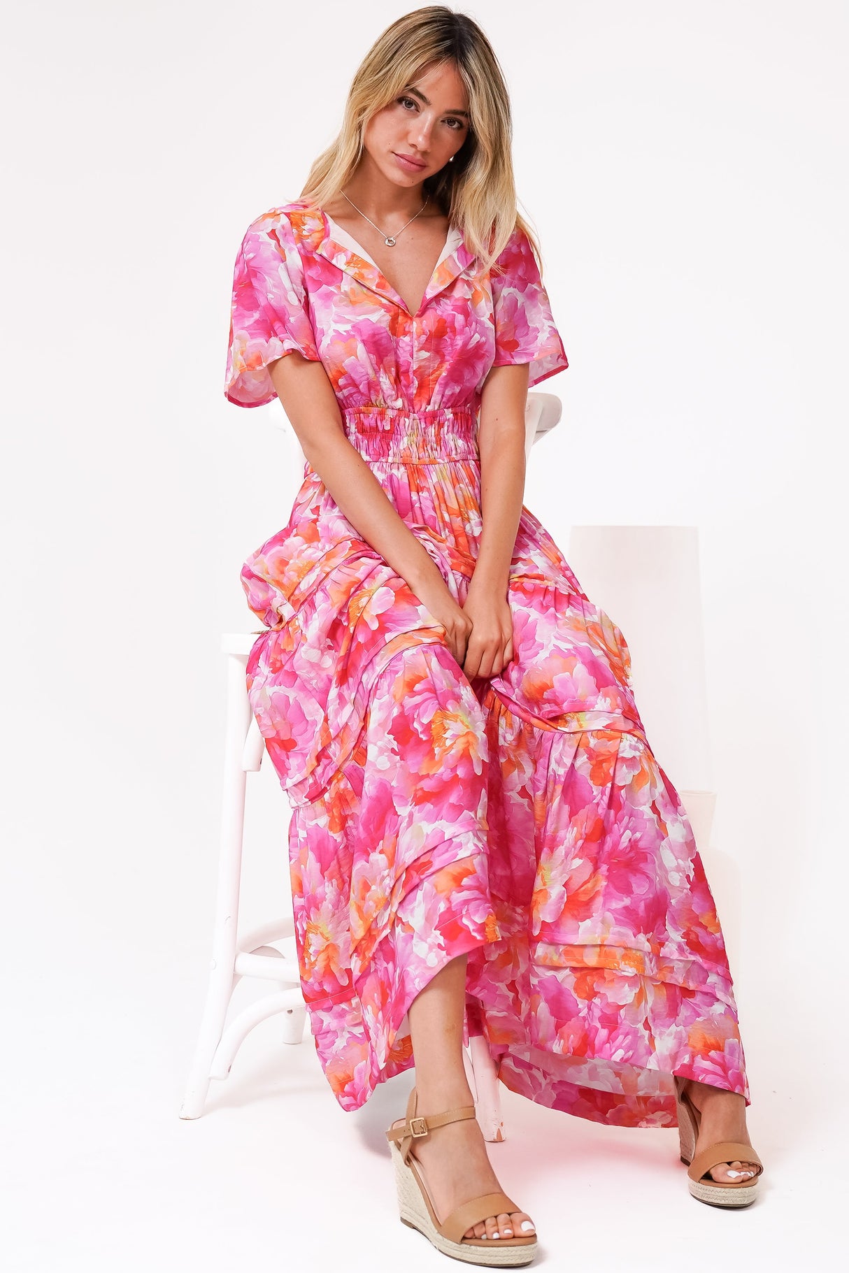 Payton Maxi Dress - Pleat Detailed A-Line Dress with Cap Flutter Sleeves in Florida Print Pink