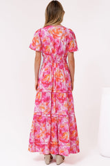 Payton Maxi Dress - Pleat Detailed A-Line Dress with Cap Flutter Sleeves in Florida Print Pink