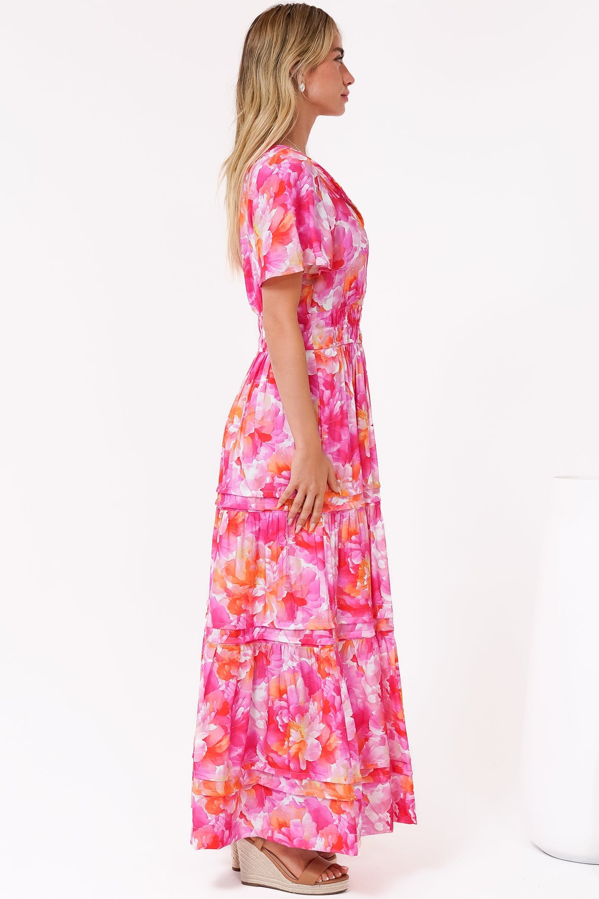 Payton Maxi Dress - Pleat Detailed A-Line Dress with Cap Flutter Sleeves in Florida Print Pink