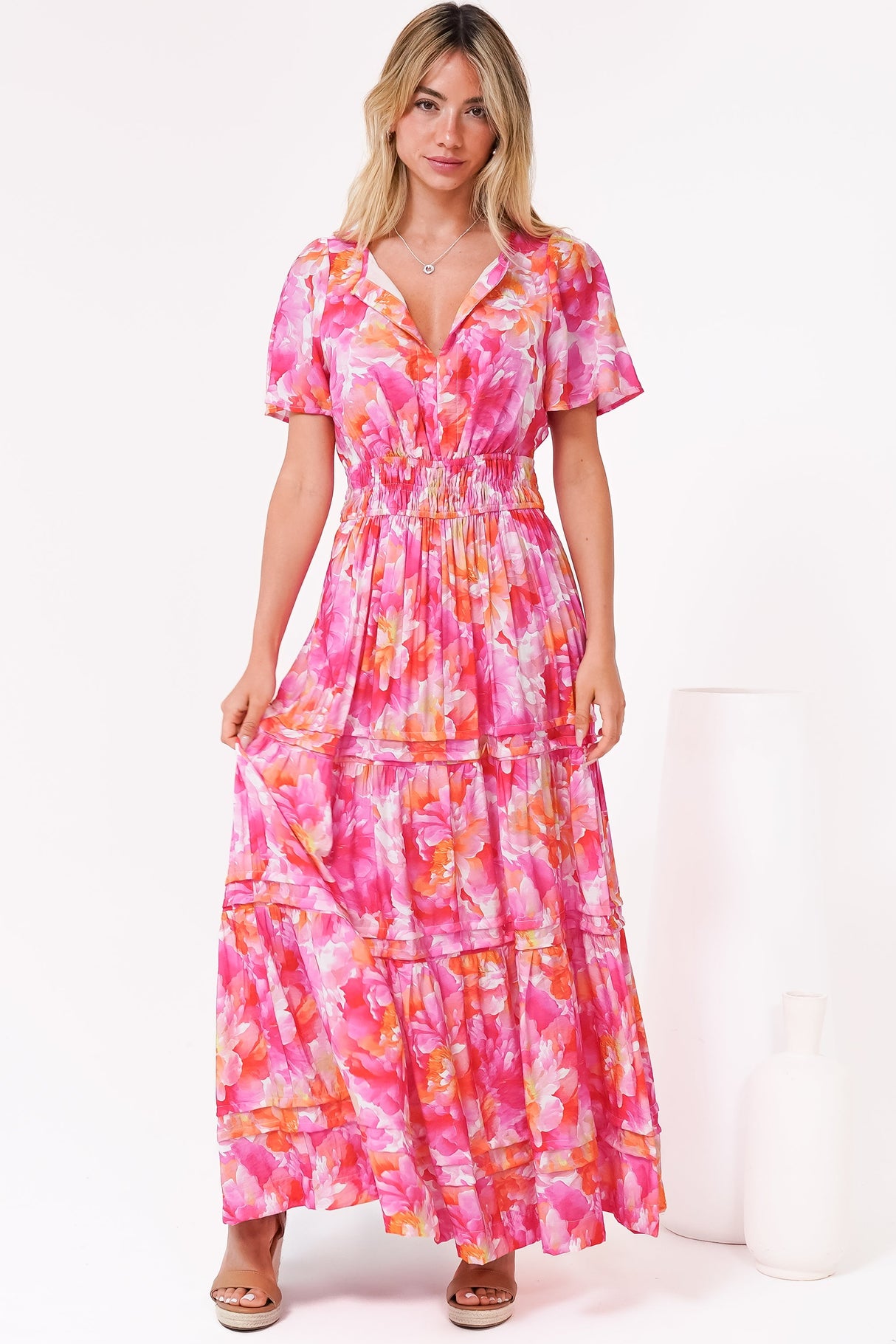 Payton Maxi Dress - Pleat Detailed A-Line Dress with Cap Flutter Sleeves in Florida Print Pink