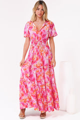Payton Maxi Dress - Pleat Detailed A-Line Dress with Cap Flutter Sleeves in Florida Print Pink