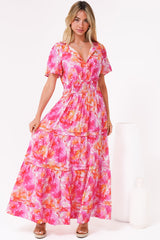 Payton Maxi Dress - Pleat Detailed A-Line Dress with Cap Flutter Sleeves in Florida Print Pink