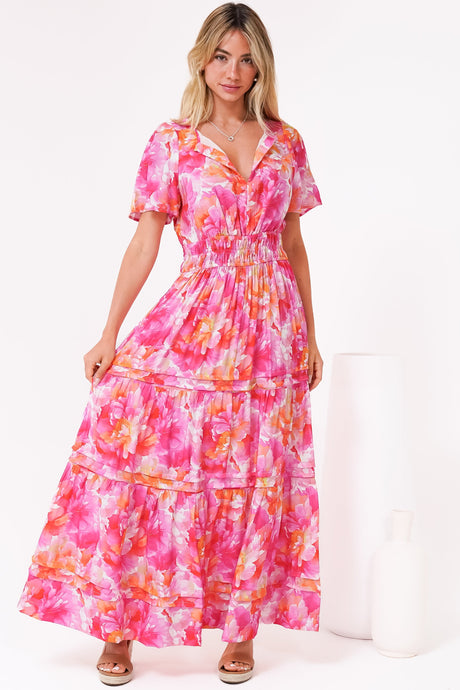 Payton Maxi Dress - Pleat Detailed A-Line Dress with Cap Flutter Sleeves in Florida Print Pink