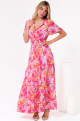 Payton Maxi Dress - Pleat Detailed A-Line Dress with Cap Flutter Sleeves in Florida Print Pink