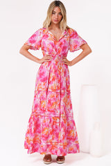 Payton Maxi Dress - Pleat Detailed A-Line Dress with Cap Flutter Sleeves in Florida Print Pink