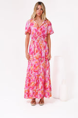 Payton Maxi Dress - Pleat Detailed A-Line Dress with Cap Flutter Sleeves in Florida Print Pink