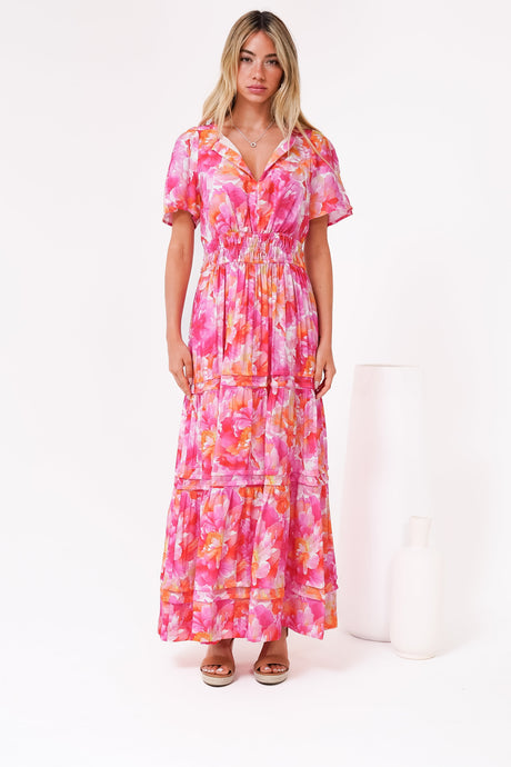 Payton Maxi Dress - Pleat Detailed A-Line Dress with Cap Flutter Sleeves in Florida Print Pink