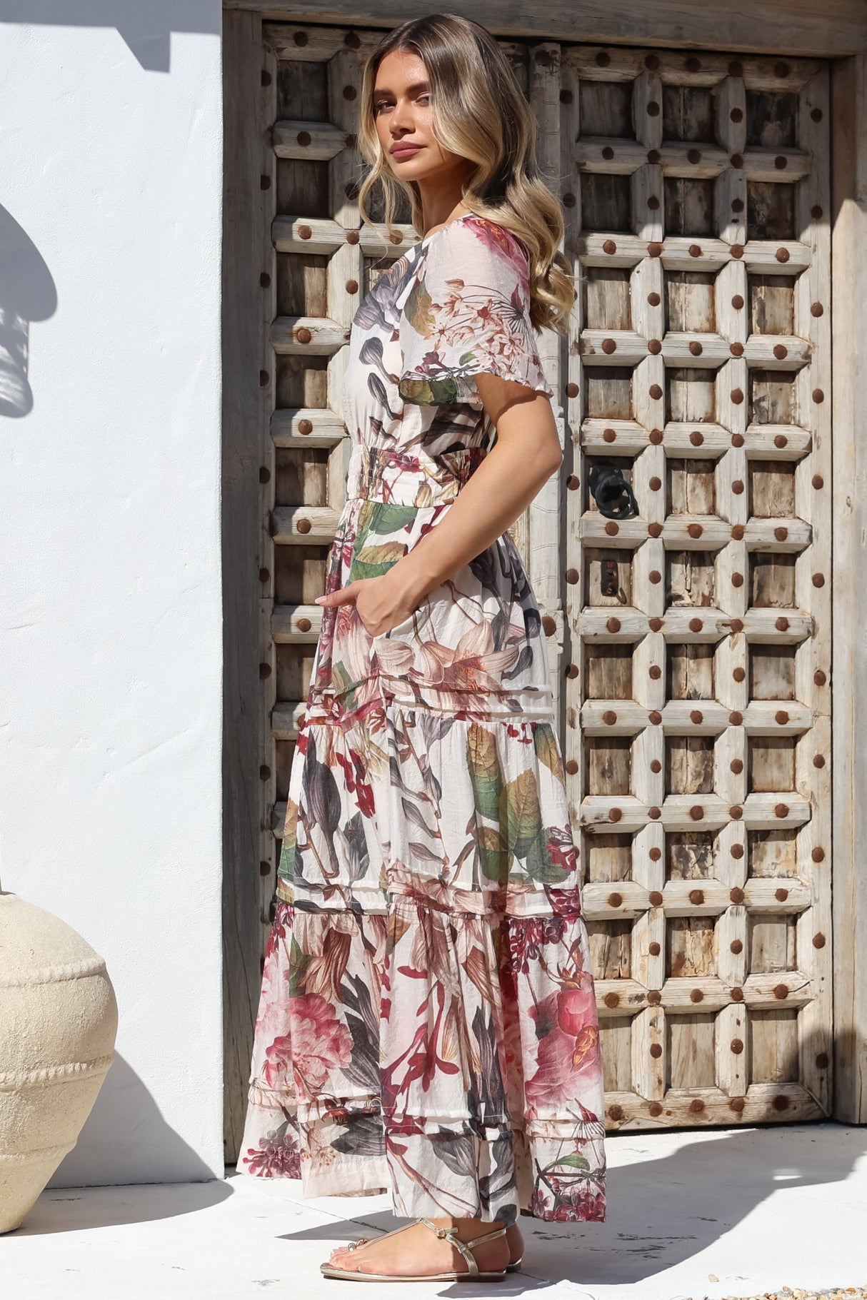 Payton Maxi Dress - Pleat Detailed A-Line Dress with Cap Flutter Sleeves in Leonor Print