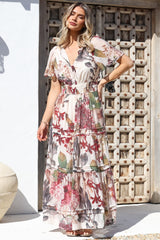 Payton Maxi Dress - Pleat Detailed A-Line Dress with Cap Flutter Sleeves in Leonor Print