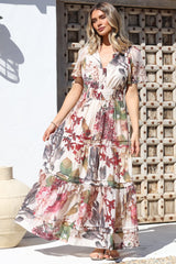 Payton Maxi Dress - Pleat Detailed A-Line Dress with Cap Flutter Sleeves in Leonor Print