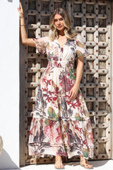 Payton Maxi Dress - Pleat Detailed A-Line Dress with Cap Flutter Sleeves in Leonor Print