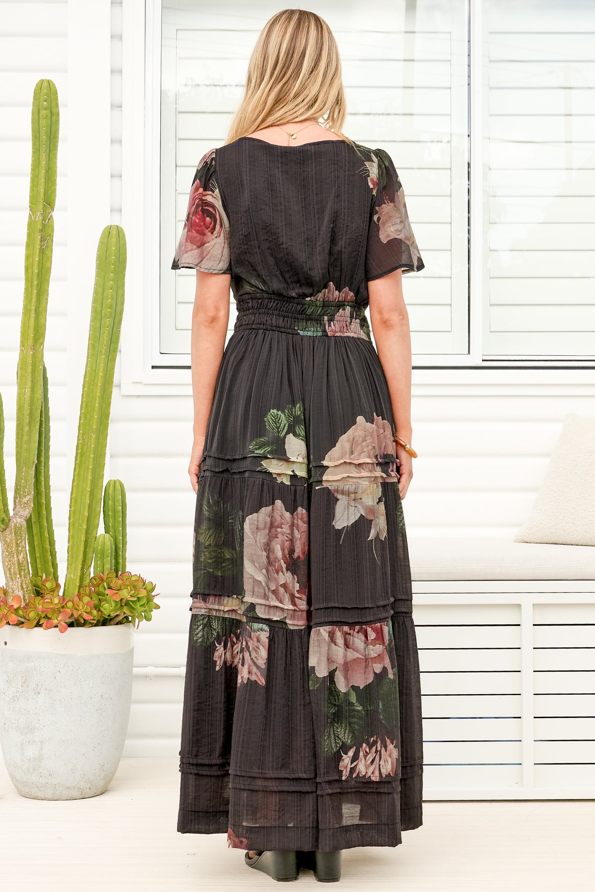 Payton Maxi Dress - Pleat Detailed A-Line Dress with Cap Flutter Sleeves in Mika Print