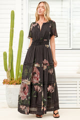 Payton Maxi Dress - Pleat Detailed A-Line Dress with Cap Flutter Sleeves in Mika Print