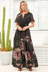 Payton Maxi Dress - Pleat Detailed A-Line Dress with Cap Flutter Sleeves in Mika Print