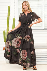 Payton Maxi Dress - Pleat Detailed A-Line Dress with Cap Flutter Sleeves in Mika Print