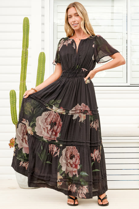 Payton Maxi Dress - Pleat Detailed A-Line Dress with Cap Flutter Sleeves in Mika Print