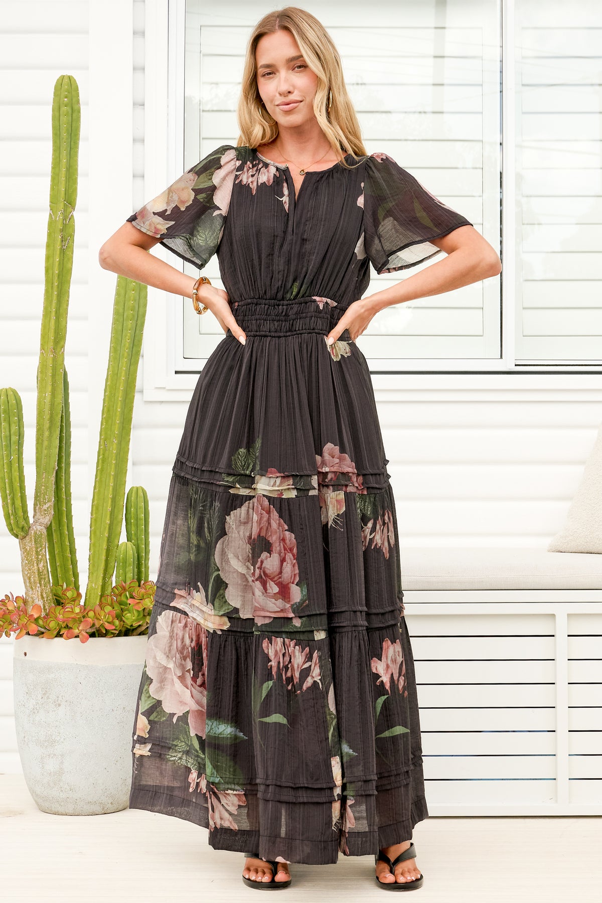 Payton Maxi Dress - Pleat Detailed A-Line Dress with Cap Flutter Sleeves in Mika Print
