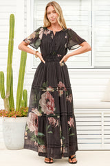 Payton Maxi Dress - Pleat Detailed A-Line Dress with Cap Flutter Sleeves in Mika Print