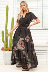 Payton Maxi Dress - Pleat Detailed A-Line Dress with Cap Flutter Sleeves in Mika Print