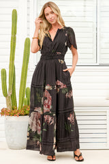Payton Maxi Dress - Pleat Detailed A-Line Dress with Cap Flutter Sleeves in Mika Print