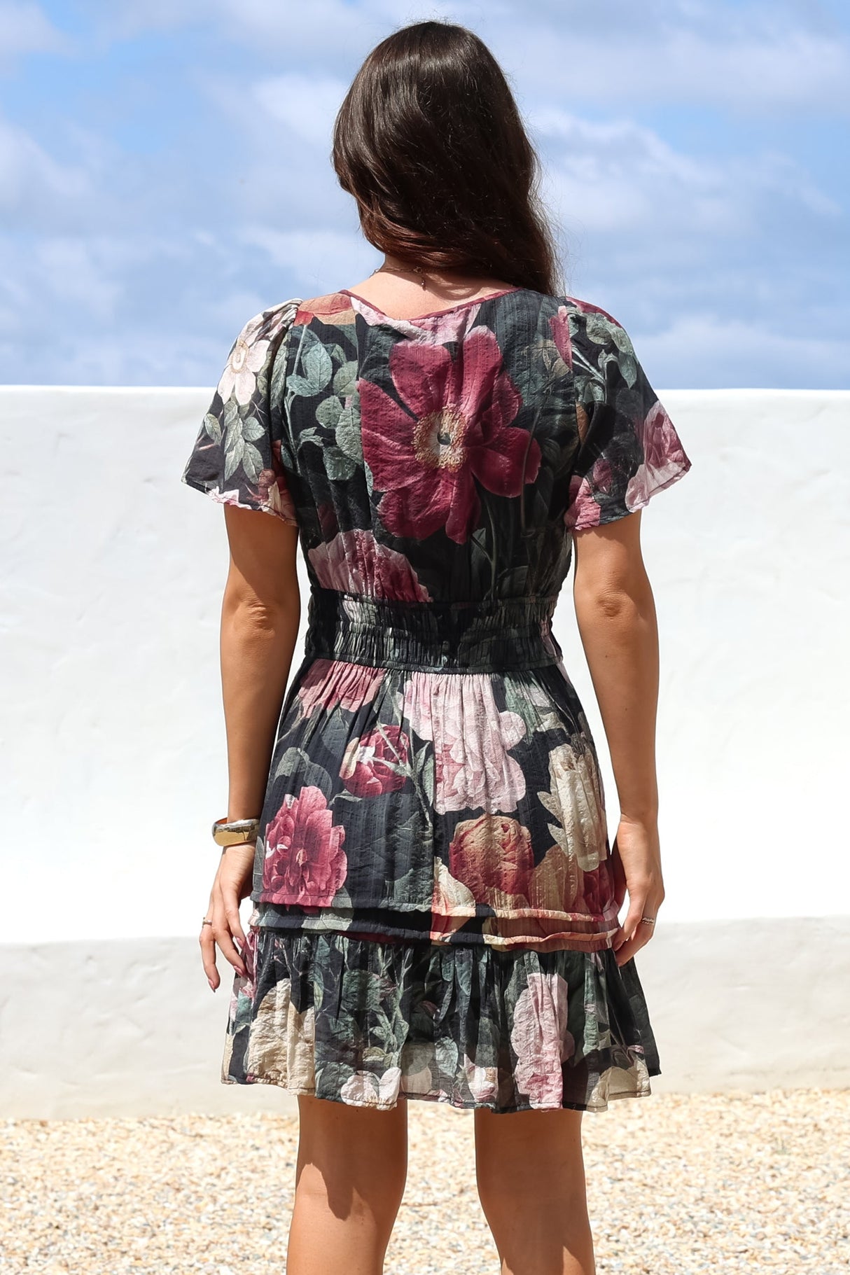 Payton Mini Dress - Pleat Detailed A-Line Dress with Cap Flutter Sleeves in Annalisa Print