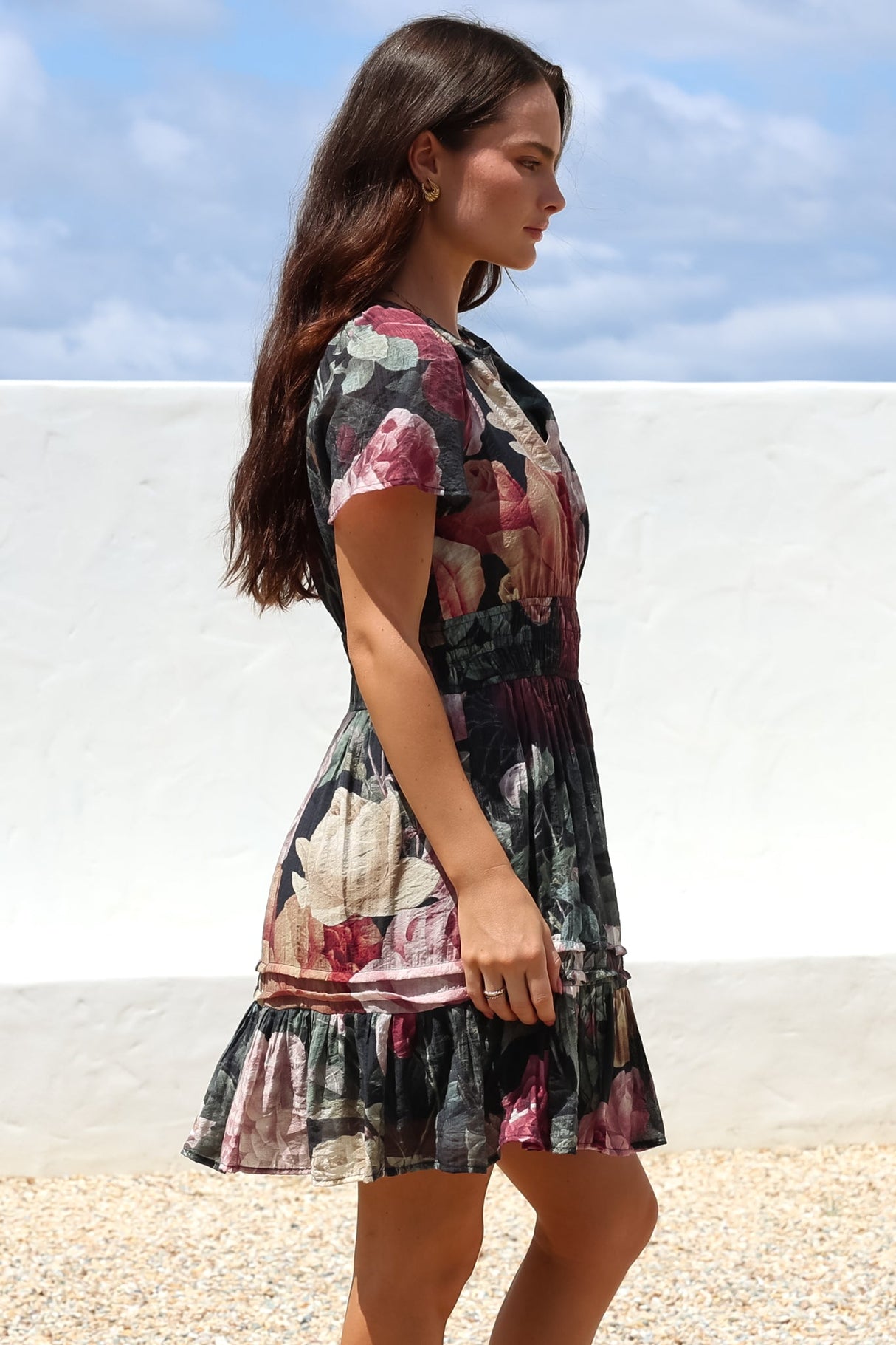 Payton Mini Dress - Pleat Detailed A-Line Dress with Cap Flutter Sleeves in Annalisa Print